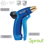 Product infographic of a blue Sprout adjustable nozzle showing features, spray patterns and labeled callouts.
