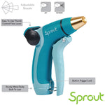 Sprout adjustable metal nozzle with labeled callouts showing jet and shower settings