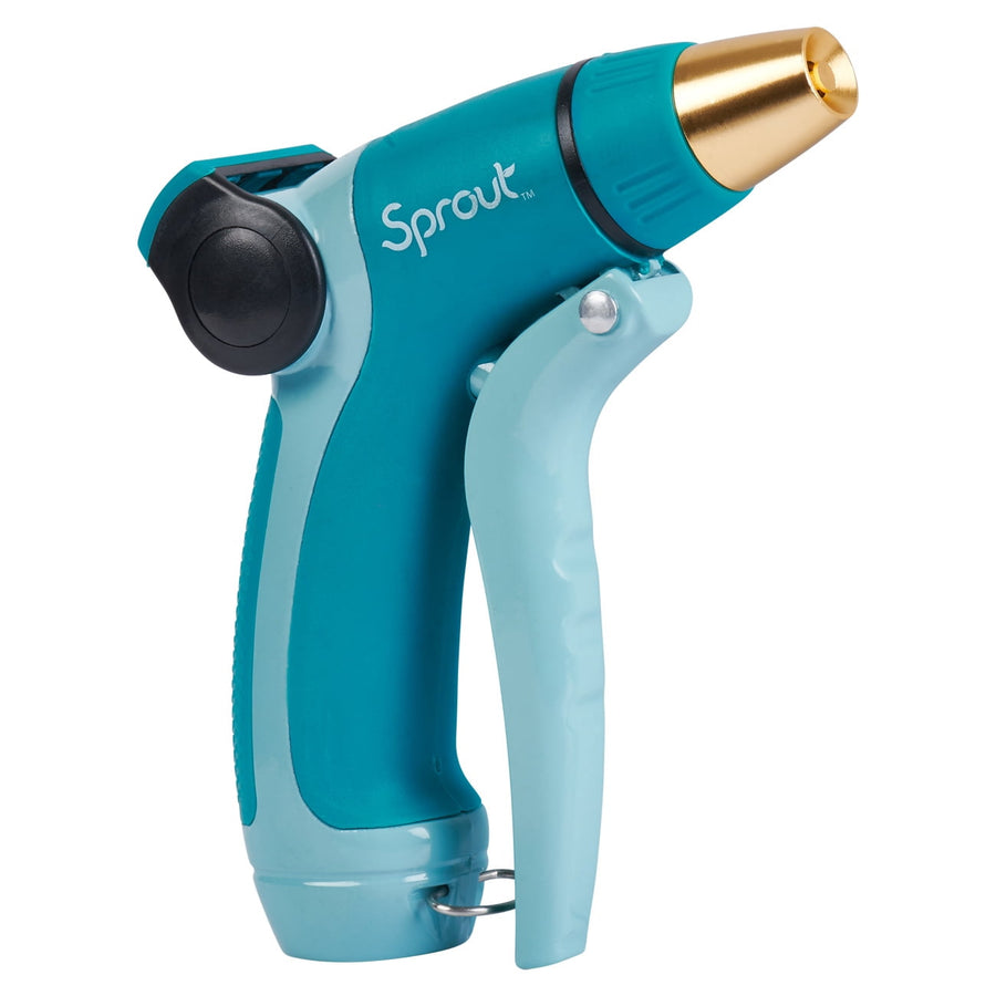 Teal and light-blue Sprout front-trigger adjustable metal hose nozzle on white background