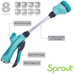 Sprout 8-pattern watering wand diagram showing pattern icons and labeled features like flow control and trigger lock