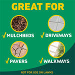 Green graphic showing recommended surfaces: mulchbeds, driveways, pavers, walkways, with circular photos