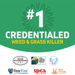 Promotional graphic stating “#1 credentialed weed & grass killer” with certification logos at the bottom