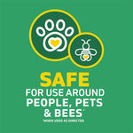 Graphic panel with paw and bee icons and bold text declaring safe for use around people, pets & bees