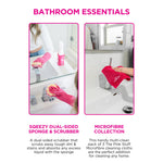 Two-panel infographic showing a person using a sponge and a pink microfibre cloth on bathroom fixtures