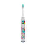 White electric toothbrush with Squishmallow character print on the handle and teal-green bristles on a white background