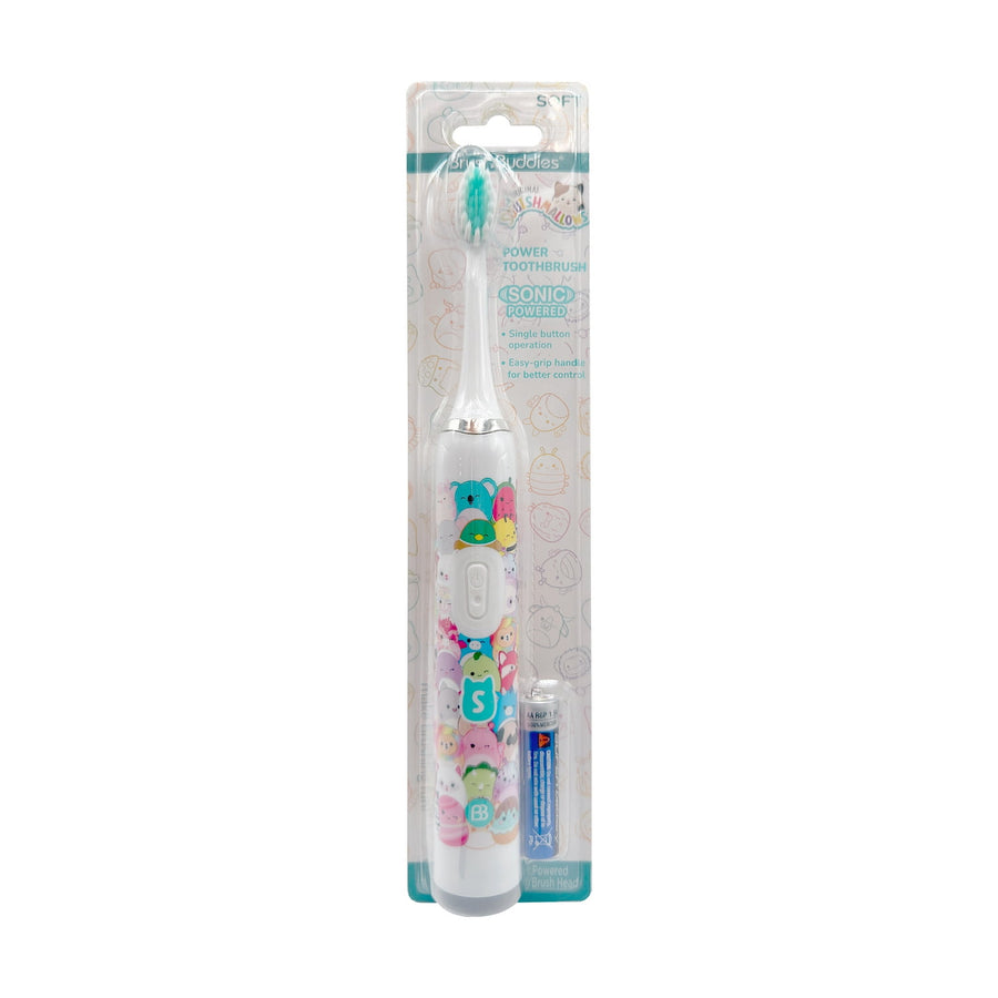 Squishmallow-themed sonic kids toothbrush in clear blister pack with visible battery and colorful character graphics