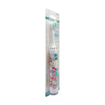 Angled view of packaged Squishmallow sonic toothbrush showing colorful character wrap and soft bristle head in retail blister