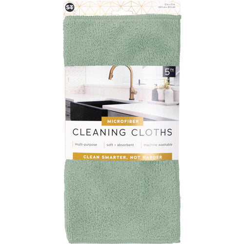 Packaged S&T microfiber cleaning cloth with kitchen sink photo on the label and sage-green cloth visible