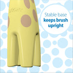 Graphic close-up of the giraffe toothbrush’s wide stable base with text “Stable base keeps brush upright.”