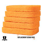 Stack of five bright orange replacement scrub pads shown against a white background with label text.