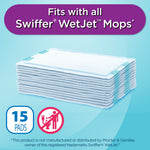 Stack of white mop pads displayed beneath a banner that reads "Fits with all Swiffer WetJet Mops" and a 15 pads icon