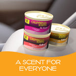 Three stacked California Scents spillproof cans in different scents including Hollywood Glow shown on a car seat with orange promotional banner.