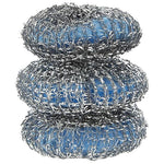 Stacked trio of silver steel mesh scrubbers with visible blue sponge cores on white background