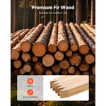 Cut fir logs stacked in a forest setting with inset image of several sharpened wooden stakes and text about premium fir wood.
