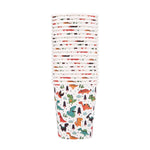 Tall stacked pile of dinosaur-print paper cups showing repeating colorful dino pattern on white cups