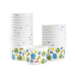 Stacks of Glad Monsters, Inc. paper snack bowls showing patterned exterior with character faces.