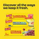 Stacked Glad product boxes including Cling'n Seal, Press'n Seal, and Storage zipper bags on yellow background.