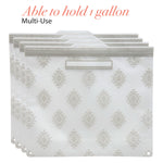 Stack of four translucent reusable gallon bags with gray geometric print and gray zipper tops on a white background with 'Able to hold 1 gallon' text.