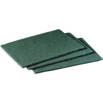 Three stacked dark-green scouring pads photographed on white background, textured surface visible