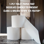 Three white toilet paper rolls stacked on a counter with large text describing quick-dissolving 1-ply paper