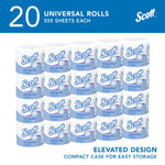 Stacked grid of individually wrapped Scott Professional toilet paper rolls with header text indicating 20 universal rolls and 550 sheets each.