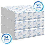 Stacked case of individually wrapped Scott Slimfold towel packs shown as a 24-pack bundle with circular pack label