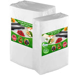 Two wrapped stacks of clear vacuum sealer bags with green product labels showing food images and BPA-free icons