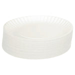 Stack of plain white coated paper plates shown from a low side angle, highlighting layered edges