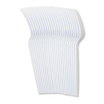 Staggered arrangement of multiple white disposable plastic forks shown against a white background.