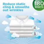 Graphic showing stacked white shirts with clouds and icons highlighting anti-static and wrinkle reduction for 180-sheet pack