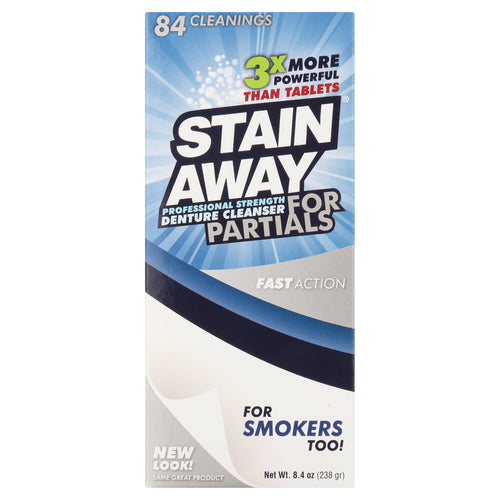 Stain Away for Partials denture cleanser retail box front with blue burst graphic and product name