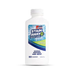 White plastic bottle of Stain Away Plus denture cleanser with label and screw cap on white background