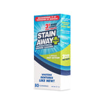 Angled view of Stain Away Plus denture cleanser box showing product branding and claims