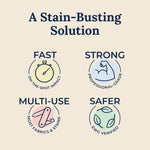 Feature panel titled “A Stain-Busting Solution” with icons for fast, strong, multi-use, and safer claims
