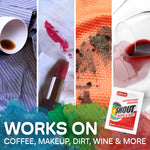 Four vertical panels showing coffee, lipstick, dirt, and spilled wine stains with a Shout wipe packet and product text.