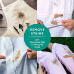 Four-photo collage showing stained clothing and apron with a central circle reading 'REMOVE STAINS' and examples like dirt and cooking oil