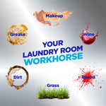 Stain examples (grease, makeup, wine, dirt, grass, blood) arranged around text ‘Your laundry room workhorse’