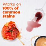 Graphic of common stain examples (tomato, red wine, coffee) on fabric with text claiming it works on 100% of common stains