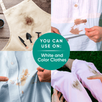 Collage of stained clothing and an apron with a central badge saying 'You can use on: White and Color Clothes'