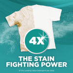 Split T-shirt graphic showing stained left side and clean right side with '4X the stain fighting power' text