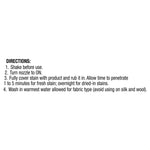 Black printed directions block listing shake, turn nozzle on, cover stain and wash instructions on white background