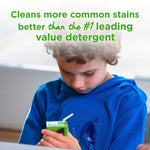 Child looking at a stained blue sweatshirt with headline text claiming it cleans more common stains better than the leading value detergent