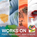 Four vertical panels showing food, grass, dirt and wine stains with a Shout spray bottle and works-on text