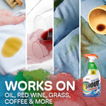 Four vertical panels showing oil, red wine, grass, and coffee stains with a Shout Advanced Gel bottle and works on text