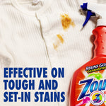 Close-up of a stained white ribbed garment with a red Zout spray bottle and headline 'Effective on tough and set-in stains'