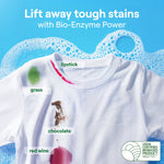 White T-shirt showing labeled stain examples (grass, lipstick, chocolate, red wine) with soap bubbles