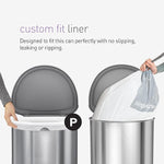 Two stainless trash cans demonstrating a custom-fit simplehuman liner being placed, with 'custom fit liner' text above