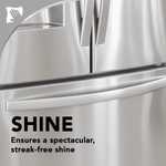 Close-up of a stainless steel appliance surface highlighting a streak-free shine with bold "SHINE" text.
