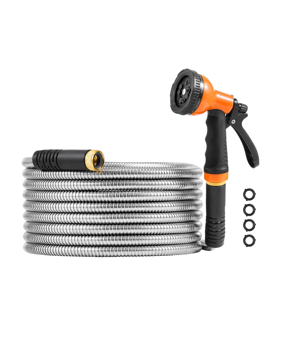 Coiled stainless-steel garden hose with black-and-gold threaded connector and orange-black multi-mode spray nozzle on white background.