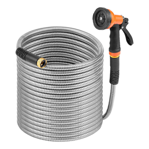 Coiled stainless steel garden hose standing upright with brass connector and orange-black spray nozzle